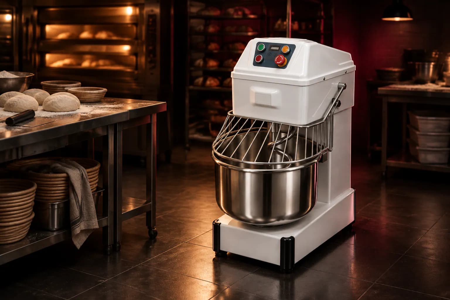 Commercial Dough Mixer in use — illustrative render