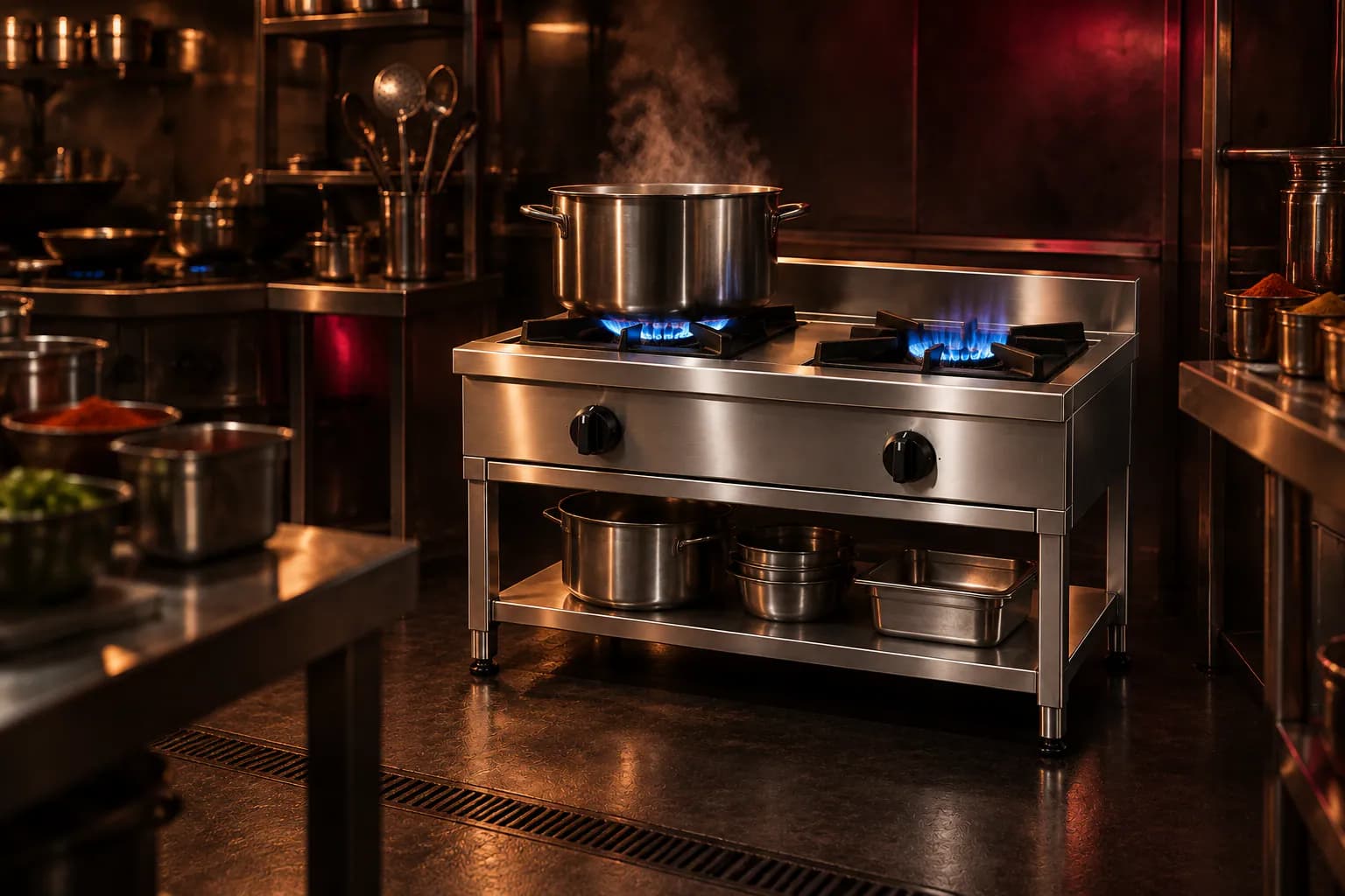 Commercial Gas Stove in use — illustrative render
