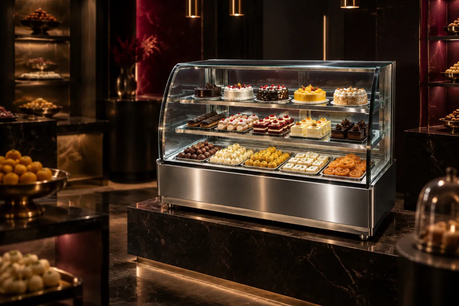 Curved Glass SS Display Counter in use — illustrative render