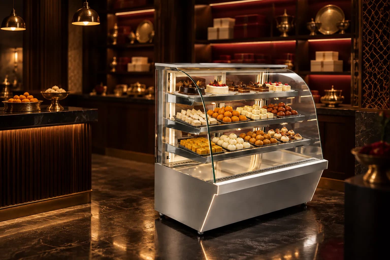 Curved Glass Sweet Display Counter in use — illustrative render