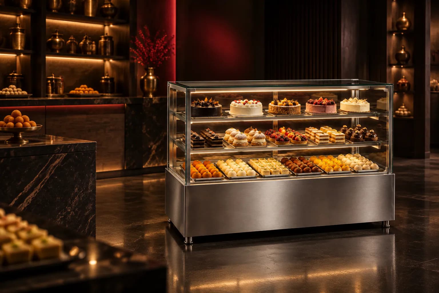 Food Display Cases in use — illustrative render
