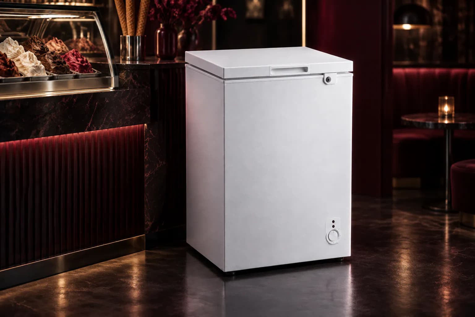 GCHW 110R6S Godrej Chest Freezer in use — illustrative render