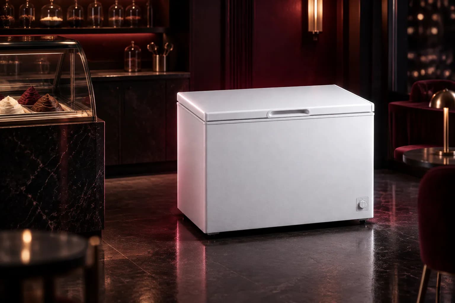 GCHW 310R6S Godrej Chest Freezer in use — illustrative render