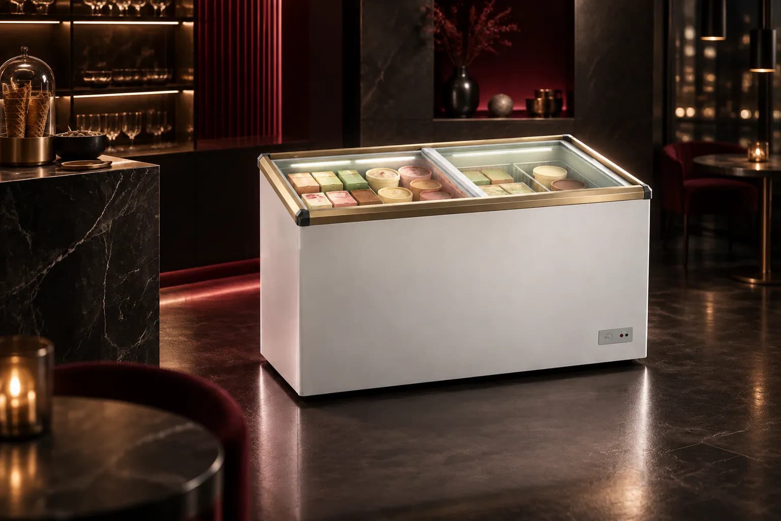 GCSW 210R6 XB Godrej Glass Top Chest Freezer in use — illustrative render
