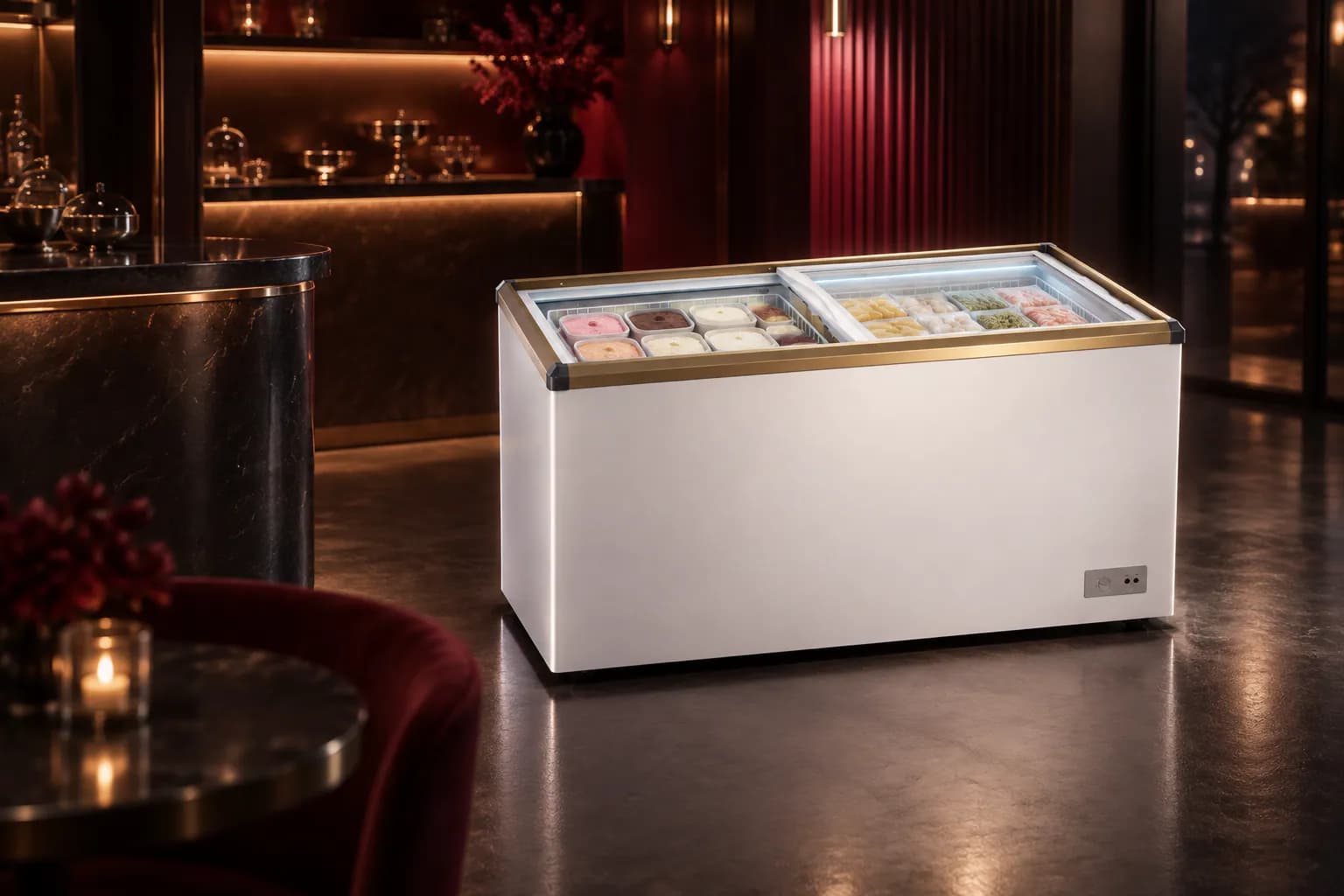 GCSW 310R2 XB Godrej Glass Top Chest Freezers in use — illustrative render