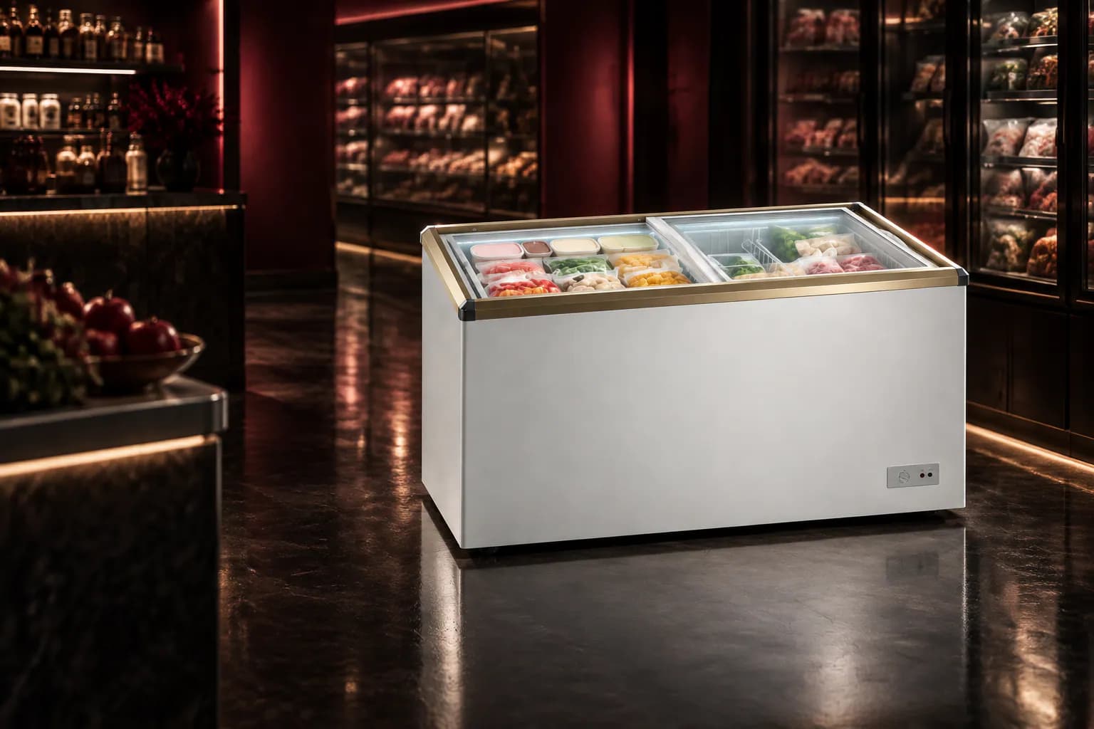GCSW 410R2 XB Godrej Glass Top Chest Freezer in use — illustrative render