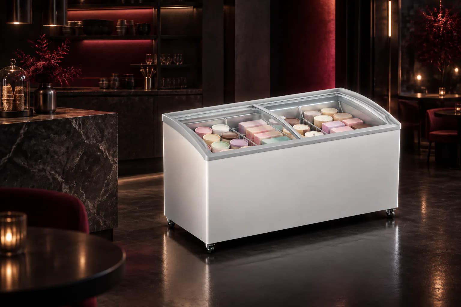 HCF 551FGTQ Haier Glass Top Deep Freezer in use — illustrative render