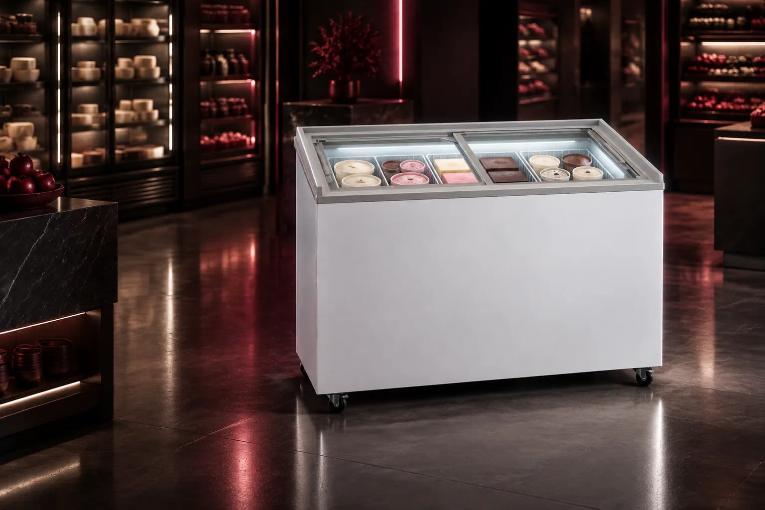 HFC 400GM5 Glass Top Freezer in use — illustrative render