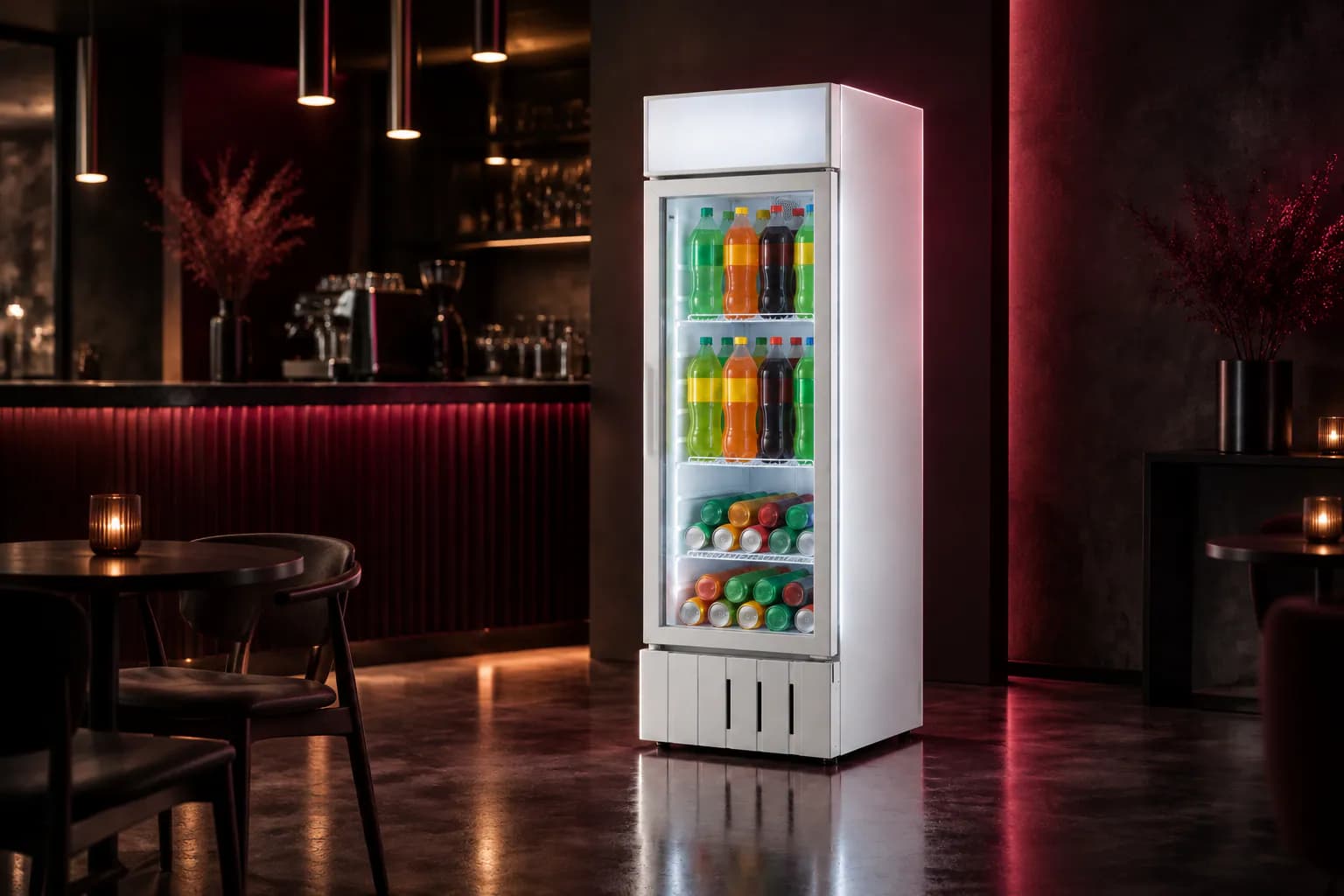 HVC-275GHC Single Door Visi Cooler in use — illustrative render