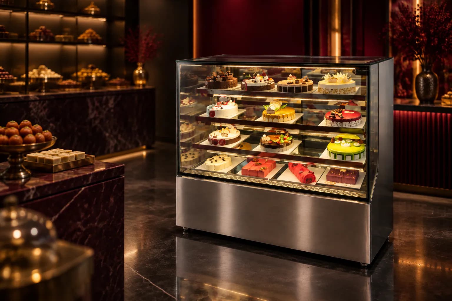 Refrigerator Cake Display Counter in use — illustrative render