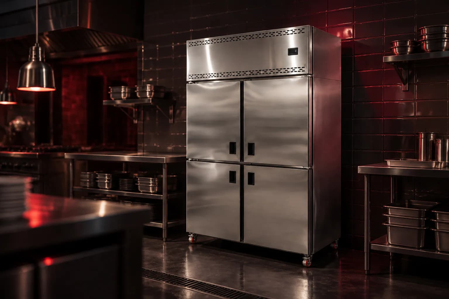SS Four Door Vertical Refrigerator in use — illustrative render