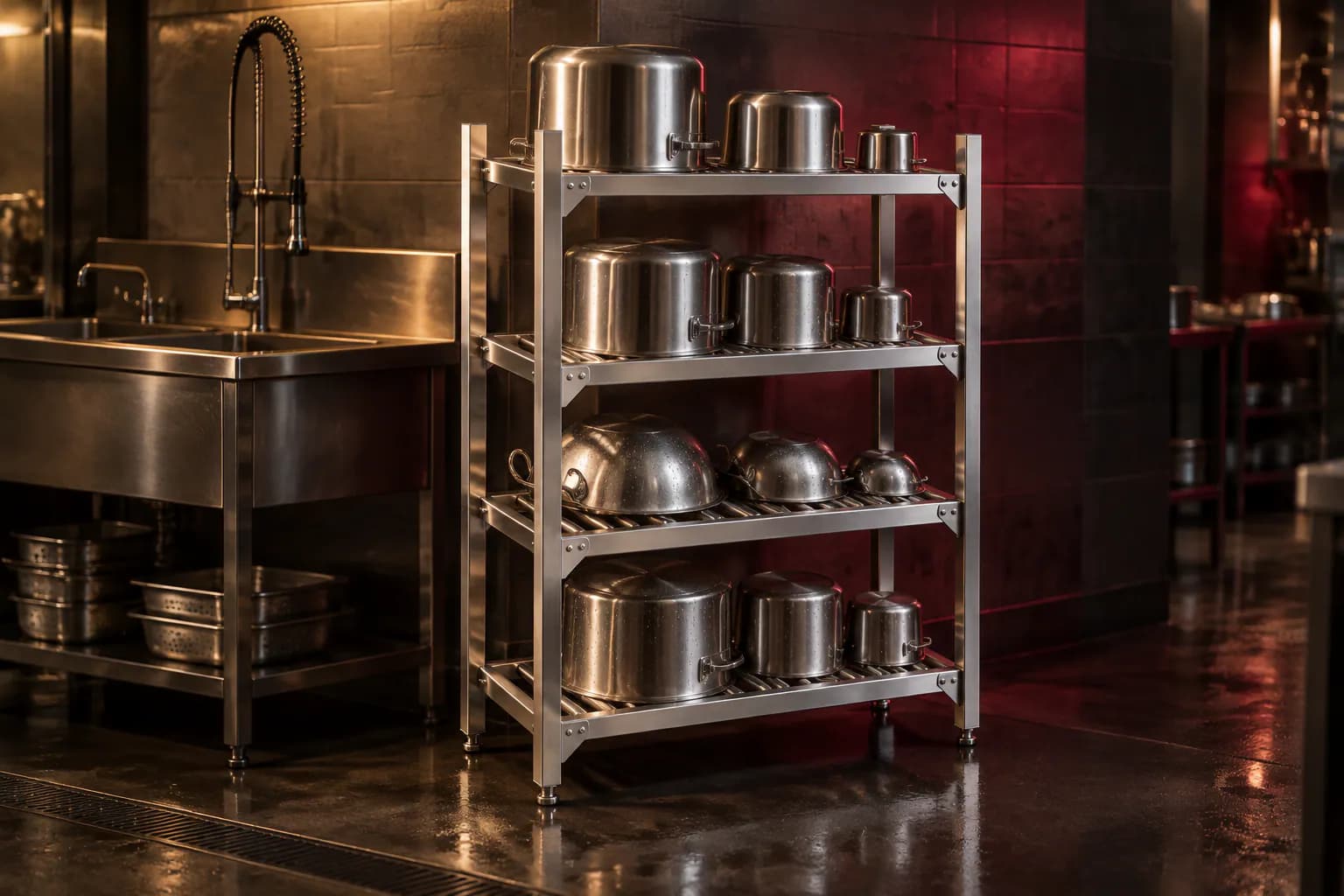 SS Pot Rack in use — illustrative render