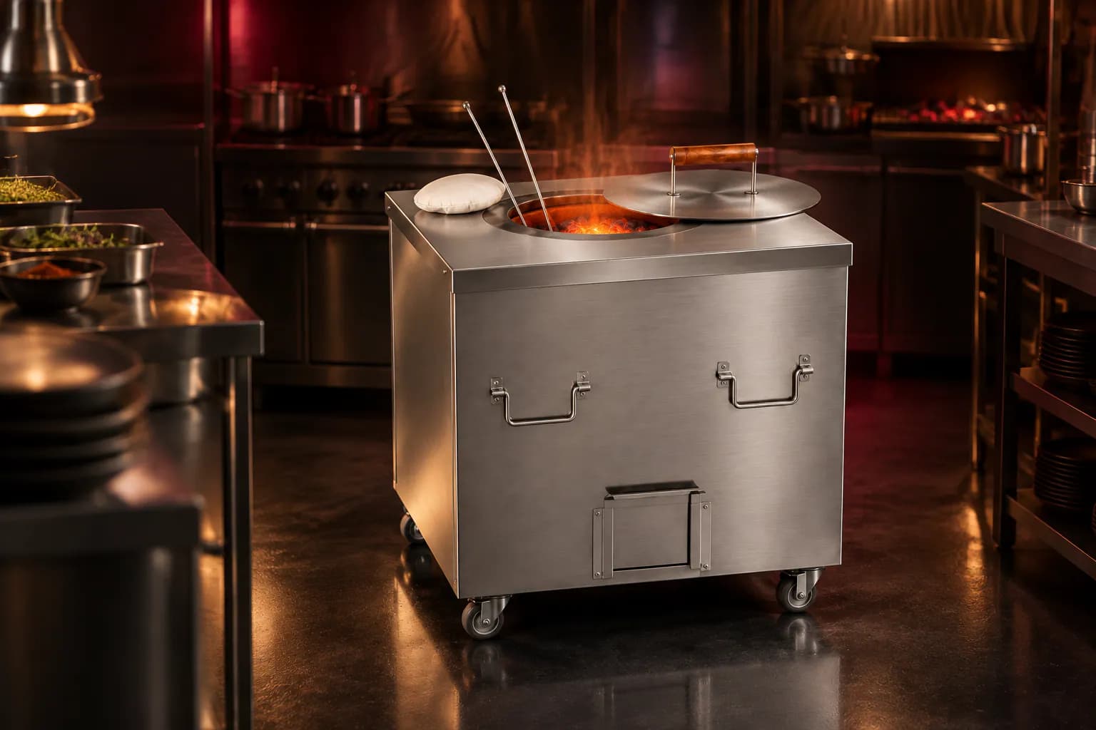 SS Tandoor Bhatti in use — illustrative render