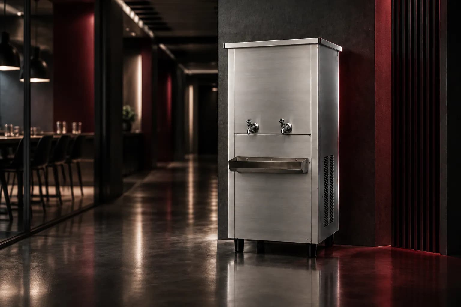 SS Water Cooler in use — illustrative render