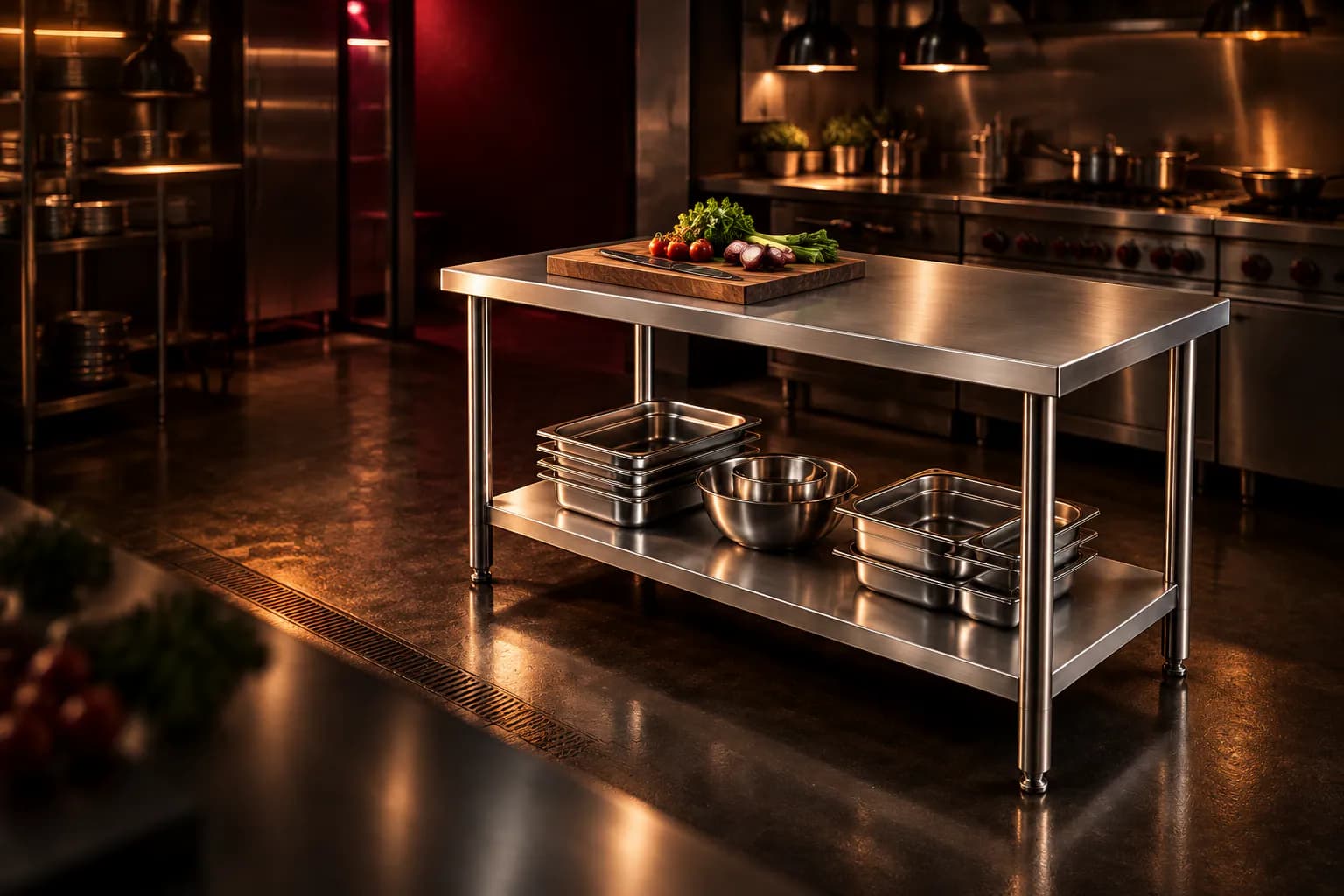 SS Work Table With Undershelf in use — illustrative render